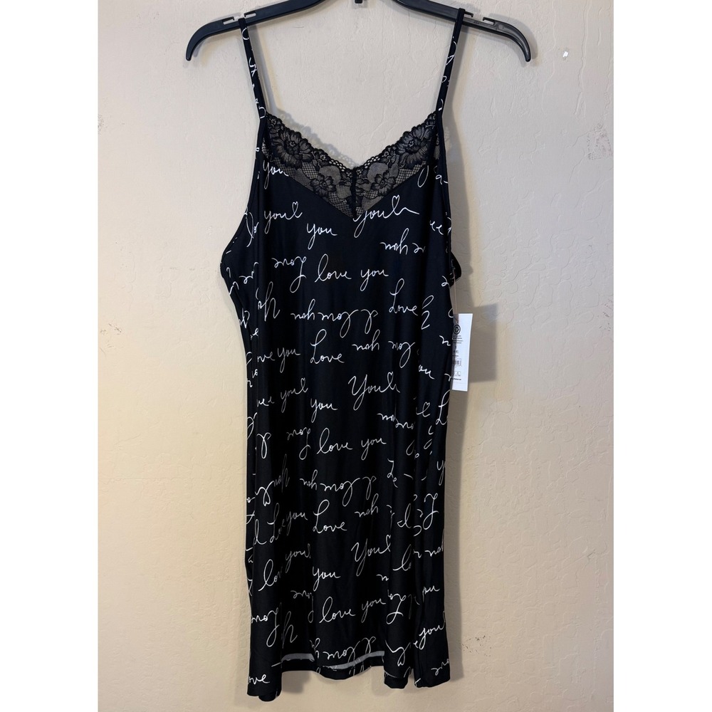 Joyspun Nightgown Women Small Black White Love You Script Lace Trim Chemise NEW